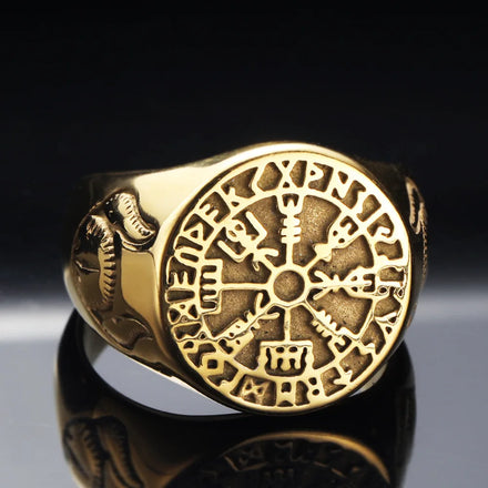 Classic Ox Horn Printing Round Chunky Big Finger Rings Silver Black Gold Plated Compass 316L Stainless Steel Rings