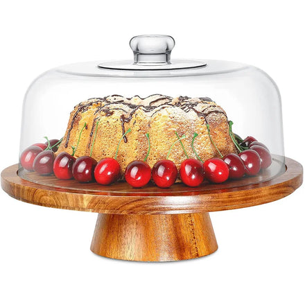 Premium Eco-Friendly Acacia Wood Cake Display Stand Modern Clear Acrylic Dome Cover Serving Tray Set 3D Plate for Home Kitchen