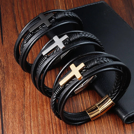 Wholesale Cross Genuine Leather Bracelet Charm Men's Stainless Steel Leather Bracelet with Magnetic Clasp for Men Gift