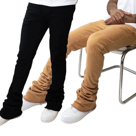 KY Raw Hem Black Men Stacked Flare Skinny Jeans Men's Stacked Jeans