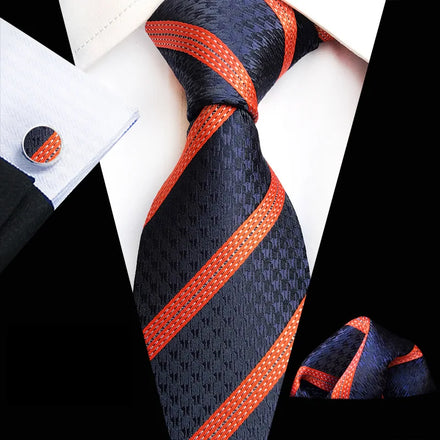 Men's Plaid Striped Tie Set and Pocket Square Cufflinks Suits for Wedding Party Gift Set Business Necktie Handkerchief for Man