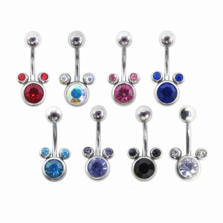 New Design Stainless Steel Rhinestone Double Gem Balls Belly Button Ring Mouse Shape Crystal Belly Stud