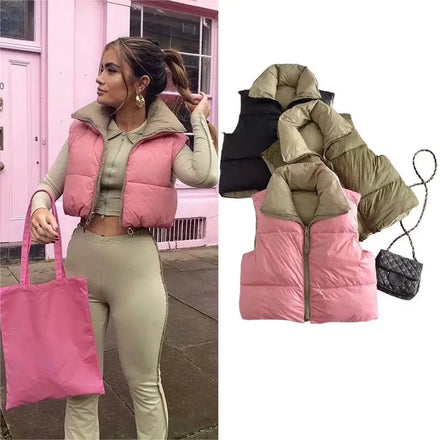 2023 Fall Winter Woman Clothes Sleeveless Puffer Coat Patchwork Reversible Vest Jacket