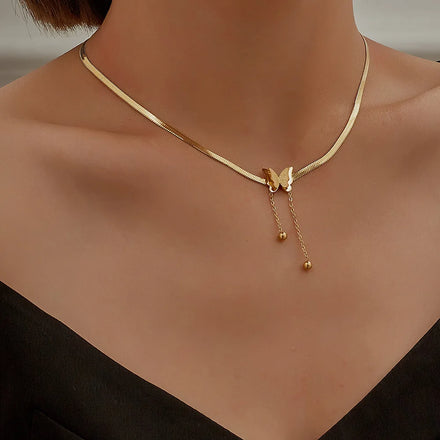 Fashion Flat Snake Neck Chains Necklace for Women Gold Color Stainless Steel Butterfly Love Heart Pendant Chain Choker Necklaces