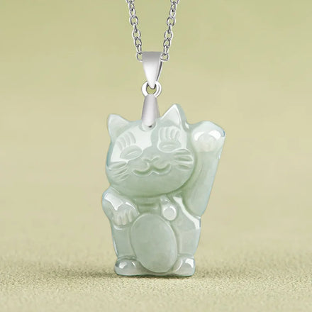 Natural Burmese Jade Cute Lucky Cat Pendant Light Green Jade Carved S925 Silver Inlaid Fashion Jade Pendant