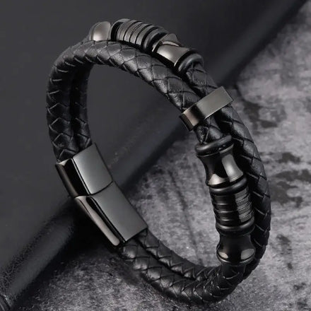 PVD Black Charm Mens Latest Fashion Men Genuine Leather Bracelets Magnetic Clasp Stainless Steel Multi Wrap Bracelets OT-045
