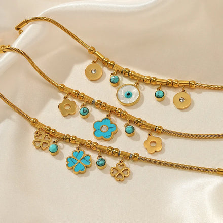 Bohemia Turquoise Bracelets Flower Four Leaf Clover Devil Eye Pendant 18K Gold Plated Stainless Steel Snake Chain Bracelets