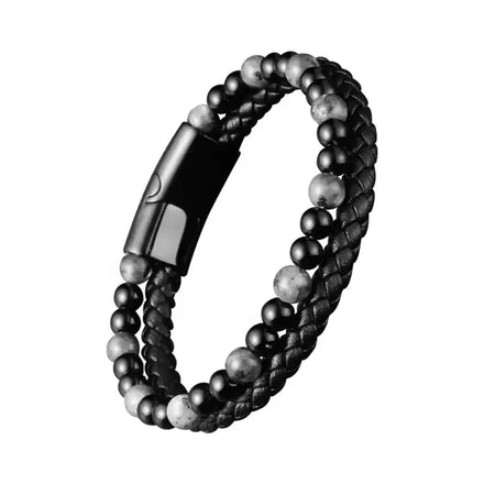 Natural Stone Beaded Charm Leather Bangle With Alloy Men's Clasp Cowhide Multi-layer Braided Leather Men Bracelets OT-213