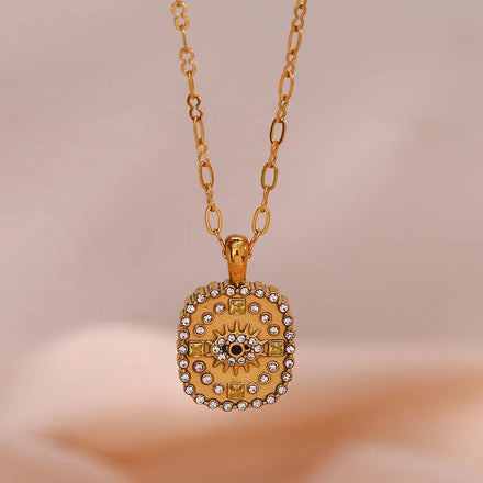 2023 Jewelry Square Zircon Evil Eye Necklace 18k Gold Plated Stainless Steel Pendant Necklace