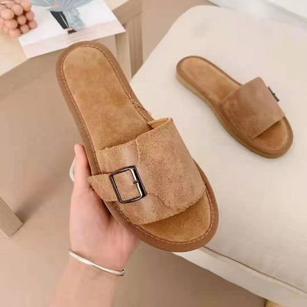New Fashion Women Summer Open Toe Real Cow Leather Anti-Slip Breathable Lightweight Comfortable Flat Slipper