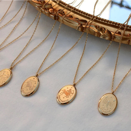 18K Gold PVD Dainty Oval Pendant Zodiac Astrology Sign Charms Necklace Chain Stainless Necklace Fashion Jewelry