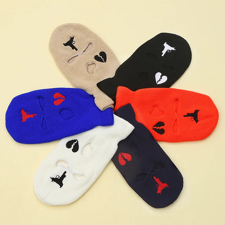 Fashion 3Hole Knitted Love Heart Winter Embroidery Custom Windproof Balaclava Ski Mask