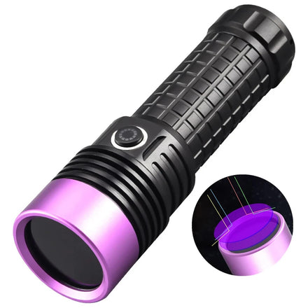 Powerful 365NM UV Flashlight Black Mirror Purple Light 60W Fluorescent Oil Pollution Detection Torch Rechargeable 26650 Lantern