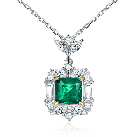 Fine Jewelry Necklaces Luxury 925 Sterling Silver Rhodium Plated Square Emerald Cut Green Zircon Pendant Necklace for Women