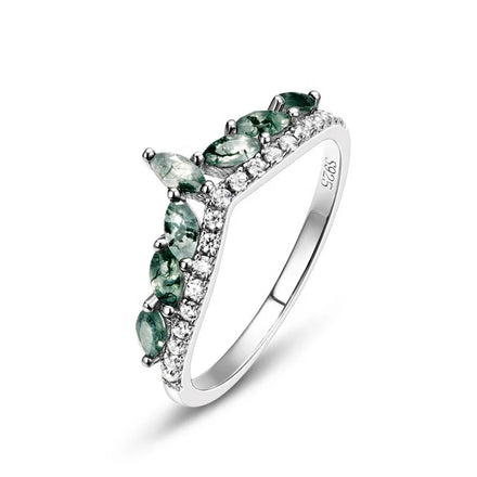 Natural Green Moss Agate Crown V Marquise Shape Eternity Band S925 Sterling Silver Pavé Stackable Half Eternity Ring for Women