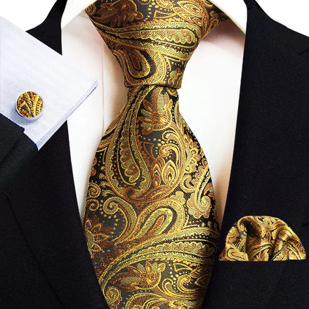 Golden Luxury Mens Tie Set Paisley Necktie Pocket Square Cufflinks Suits for Mens Shirt Business Hanky Wedding Party Gift Sets