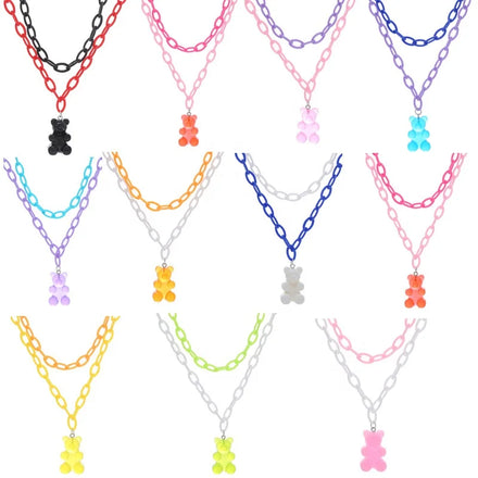 Double-layer Choker Necklace Acrylic Multi Candy Color Clavicle Chain Cute Cool Cartoon Animal Bear Pendant Necklace for Girls