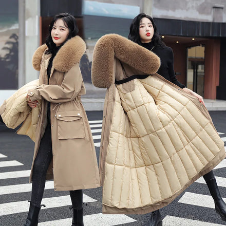 Detachable Liner Winter Women X-Long Parkas Coat Slim Fur Hooded Thick Warm Jacket Female Winter Outwear Jacket Parkas