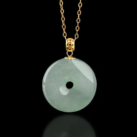 Natural Burmese a Grade Oil Green Jade Ping an Buckle Pendant 18K Gold Inlaid Jadeite Jade Donut Necklace Pendant