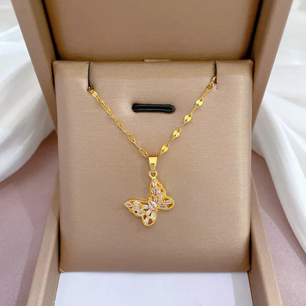 Sparkling Elegant Gold Plating Stainless Steel Butterfly Necklace Crystal Rhinestone Butterfly Necklace for Women Girls Gift