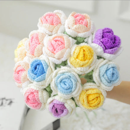K66 Knitted Rose Daisy Artificial Flowers Handmade with Stems Fake Flowers Table Bouquet Centerpiece for Home Decor