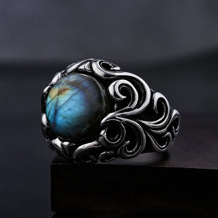 Ready to Ship Vintage Stainless Steel Base Rainbow Moonstone Crystal Rings Stone Natural Gemstone for Men Women