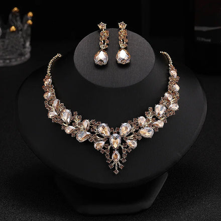 Luxury Gold Plated Charm Pendant Necklace and Rhinestone Earring Set Wedding Party Banquet Jewelry for Bridal Jewelry Sets