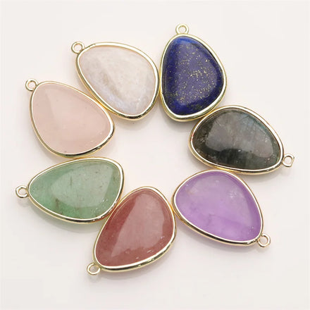 Wholesale 18K Gold Plated Bezel Setting Natural Rose Quartz Jade Amazonite Pendants with Copper Alloy Crystal Charms