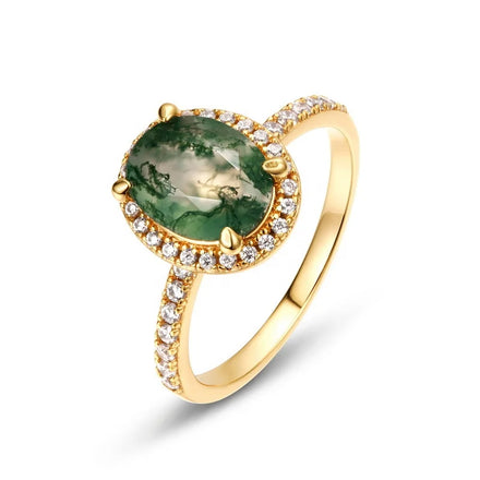 Fine Jewelry Sterling Silver Oval Natural Green Moss Agate Ring Dainty Gold Plated Aquatic Agate CZ Diamond Wedding Ring