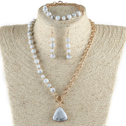 Fashion Bohemian Jewelry Set 8&6 mm Natural Stones Alloy Chain Necklace Triangle Star Pendant Necklace Bracelet Earring Sets