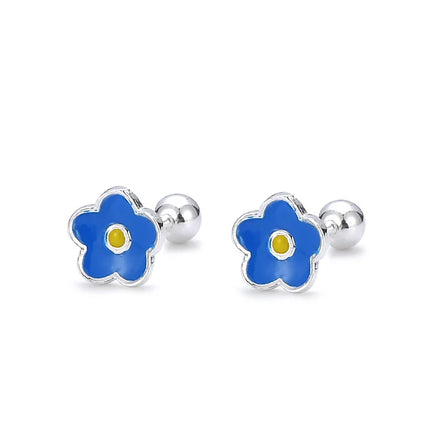 Cute Fashion Small Flower Shaped Stud Earring Pure 925 Sterling Silver Colorful Enamel Gold Plated Women Girls Great Gift Idea