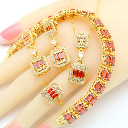 2023 New Red Zirconia Crystal Set for Women Classic Alloy Bracelet Earrings Ring Pendant Necklace for Wedding Party Anniversary