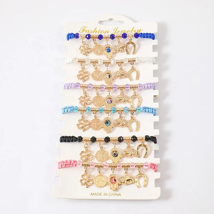 Gold Plated Adjustable Rope Braided Cross Design Charm Bracelet Clover Saint Benedict Fatima Evil Eye Elephant Horseshoe Charms