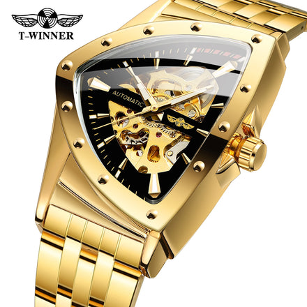 T-Winner Men's Skeleton Luxury Automatic Watch with Power Reserve Shanghai Movement New Alloy Case Stainless Steel Band