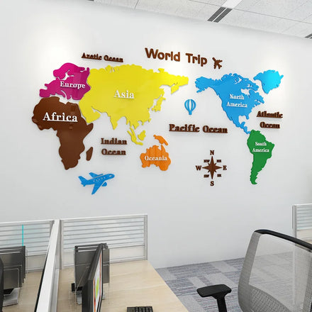 Office Wall Decoration 3d Self Adhesive Colorful World Map Acrylic Sticker