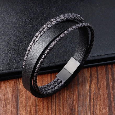 Wholesale Luxury Genuine Leather Bracelet Handmade Men's Bracelet Wristlet Leather Wrap Bracelet Stainless Steel Claps