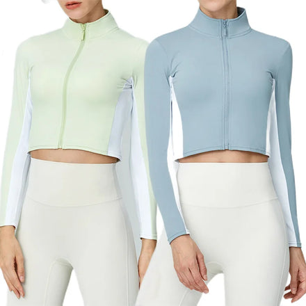 Stand Collar Yoga Zipper Top Women's Color Contrast Slim Long Sleeve Zip up Jacket Women Zip Crop Top