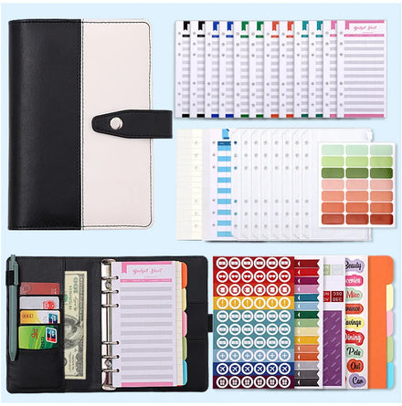 Waterproof Leather A6 Composition Book with Thread Sewing Binding Hardcover Zipper Envelopes Budget Sheets for School Supplies