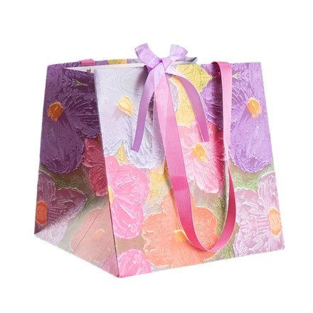 Bright Tote Bag Square Florist Paper Bag Bouquet Square Broad Bottom Valentine's Day Gift Bag with Ribbon