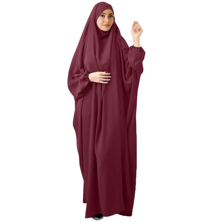 Women's Solid Abaya Robe Muslim Plus Size One-Piece Prayer Dress Islamic Maxi Kaftan with Hijab Dubai Full Length Dress