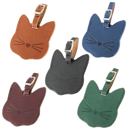 Custom Logo PU Leather Durable Luggage Name Tag Personalized Cute Cat Pattern Pure Color 9*8.5cm Bag Parts Accessories