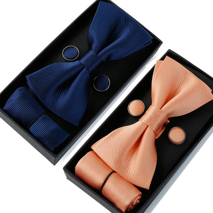 Luxury Colorful Bow Tie and Pocket Square Set Gift Boxes Polyester Bow Tie Sets for Men