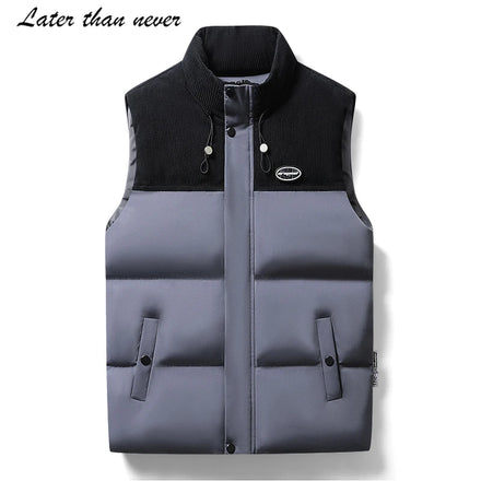 Men's Casual Winter Gilet Cotton Padded Sleeveless Vest with Windproof Feature and Zipper Closure Patchwork Puffer Jacket