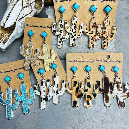 Retro Boho Cowhide Cactus Leather Earrings Turquoise Ethnic Western Cowboy Earrings Good Quality Jewelry Women Gift