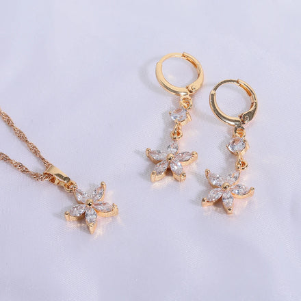 Dainty Elegant 18K Gold Plated Flower Jewelry Set CZ Pendant Necklace & Drop Floral Earrings for Women