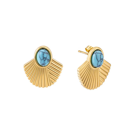Classic Vintage Boho Fashion Rib Jewelry Stainless Steel Gold Plated Scalloped Turquoise Women Statement Stud Earrings