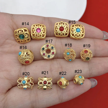 JF8749 Matte Gold Overlay Stone Nepal Nepalese Style Brass Beads Nepal Charms Tibetan Ethnic Tribal Beads for Jewelry Making