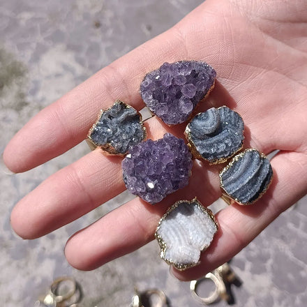 Statement Purple Big Gemstone Amethyst Cluster Irregular Raw Natural Quartz Crystal Teeth Druzy Adjustable Ring for Men Women