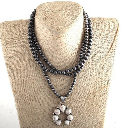 Fashion Boho Jewelry 3 Layer Gray Red Blue Drawing Navajo Pearl Necklace White Blue Red Turquoise Stone Moon Pendant Necklaces