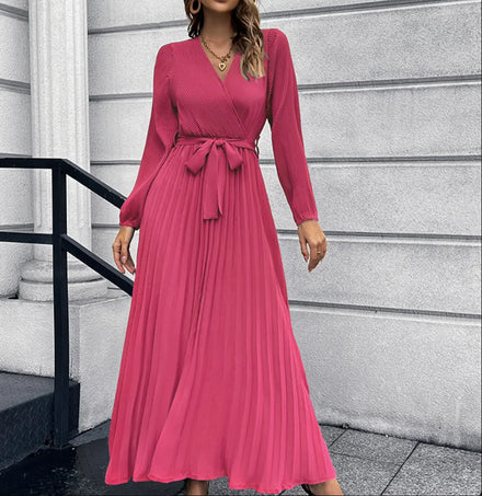 S-XXL Medium Long V-neck Long Sleeve Pleated Dress Long Sleeve Striped Dress Evening Dresses
